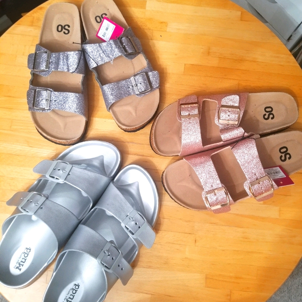 Three pairs of double buckle sandals mudd and So